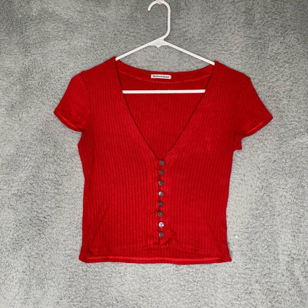 Reformation womens red button up short sleeve crop top tencel vneck soft Small